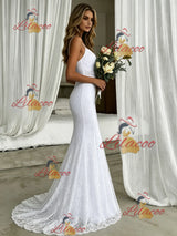 White Mermaid Spaghetti Straps Wedding Dress