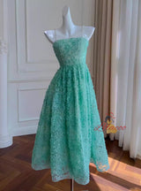 Green Spaghetti Straps Flower Prom Dress