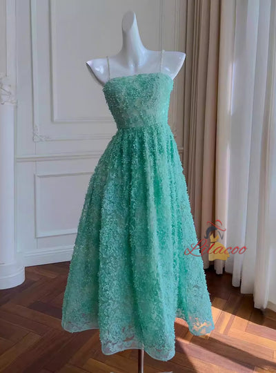 Green Spaghetti Straps Flower Prom Dress