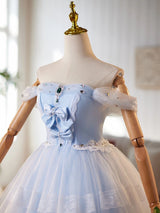 Blue Tulle Lace Bow Homecoming Dress