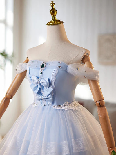 Blue Tulle Lace Bow Homecoming Dress