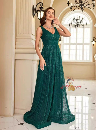 Green Sequins V-neck Prom Dress