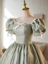 Green Puff Sleeve Bow Homecoming Dress