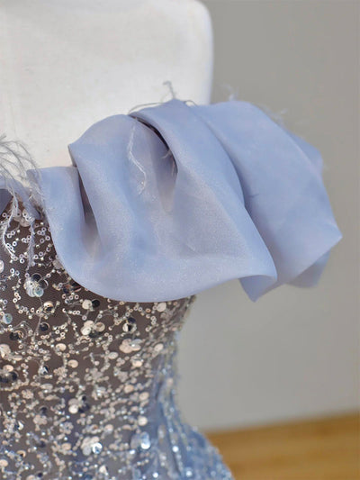 Blue Tulle Sequins Off the Shoulder Prom Dress