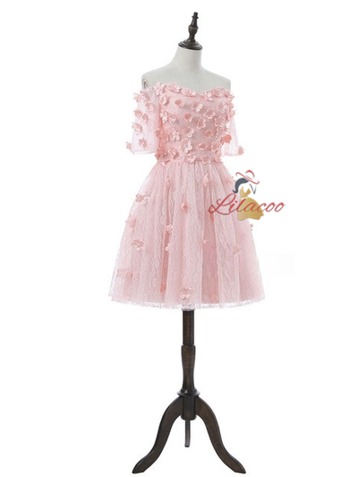 Pink Lace Short Sleeve Flower Homecoming Dress