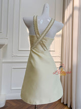 Yellow Satin Bow Beading Prom Dress