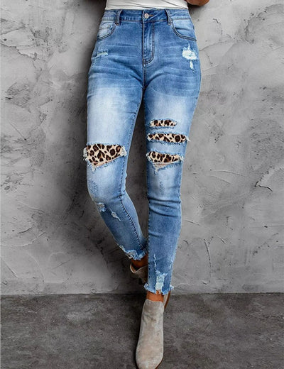 Leopard-print Holes and Raw Edges Tassels Jeans