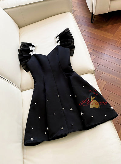 Black Straps Pearls Short Prom Dress