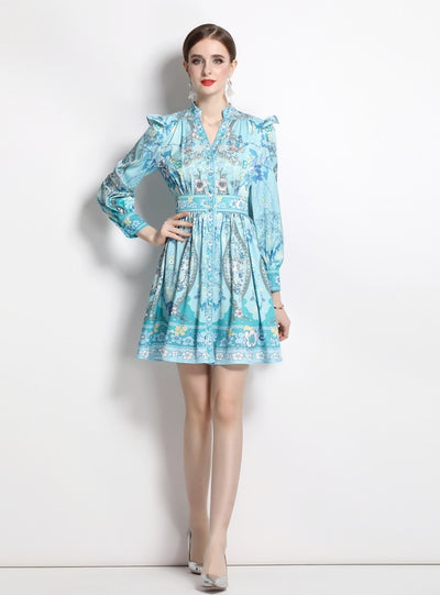 Retro Palace Style V-neck Print Slim Dress