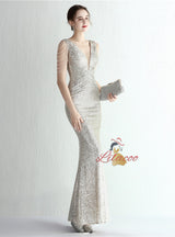 V-neck Mermaid Sequins V-neck Beading Prom Dress
