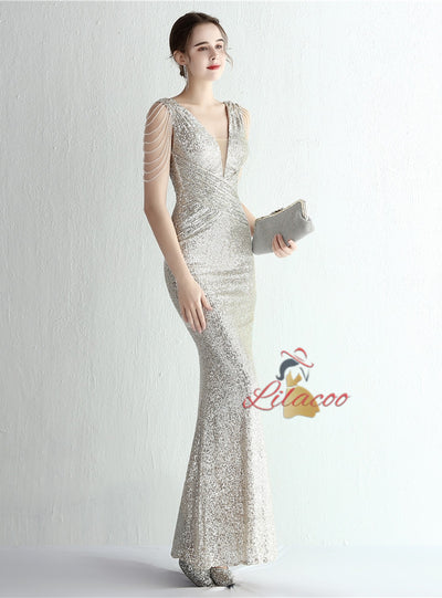 V-neck Mermaid Sequins V-neck Beading Prom Dress