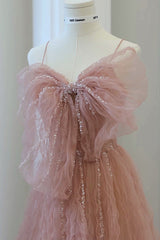 Pink Tulle Pleats Spaghetti Straps Prom Dress