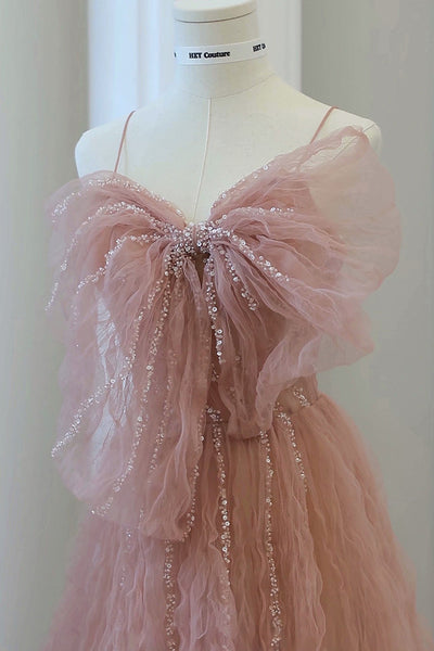 Pink Tulle Pleats Spaghetti Straps Prom Dress