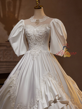 Vintage White Satin Appliques Wedding Dress