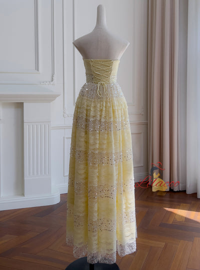 Yellow Lace Sequins Long Prom Dress