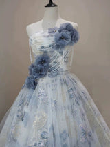 Blue Tulle Flower Strapless 3D Flower Prom Dress