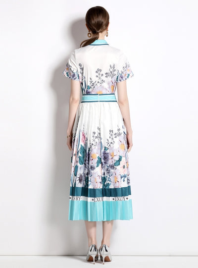 Printed Lapel Shirt+Pleated Skirt Two Piece Suit