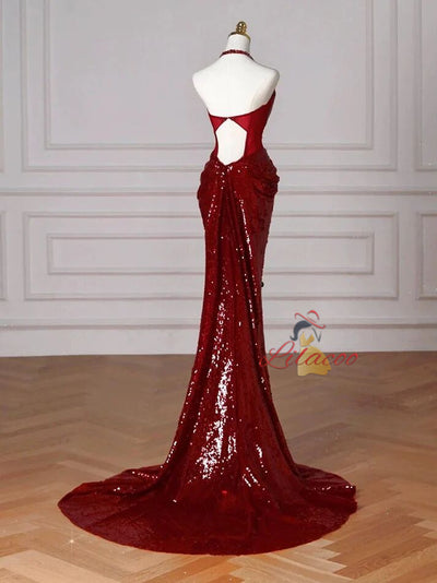 Burgundy Mermaid Pleats Backless Prom Dress