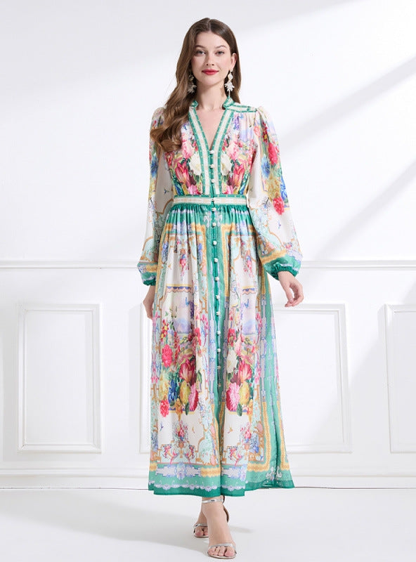 Retro Printed Deep V-neck Breasted Slim Dress