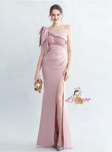 One Shoulder Split Pleats Lace Prom Dress