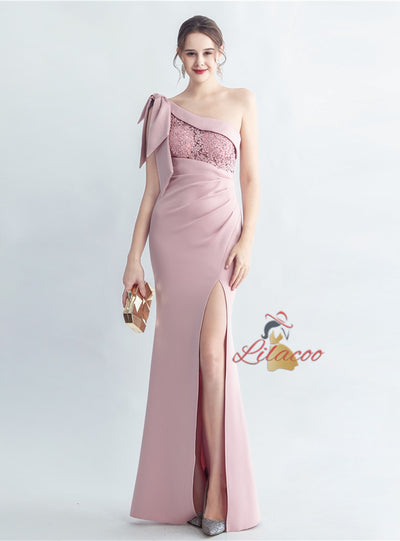 One Shoulder Split Pleats Lace Prom Dress