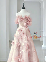 Blue Tulle Sequins Off the Shoulder Flower Prom Dress