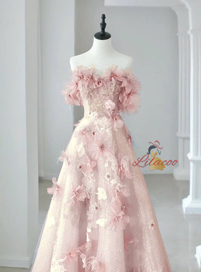Blue Tulle Sequins Off the Shoulder Flower Prom Dress