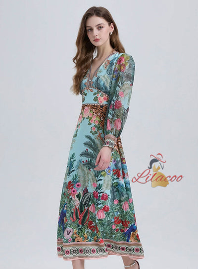 Bohemian Printed V-neck Long Sleeve Beach Dress