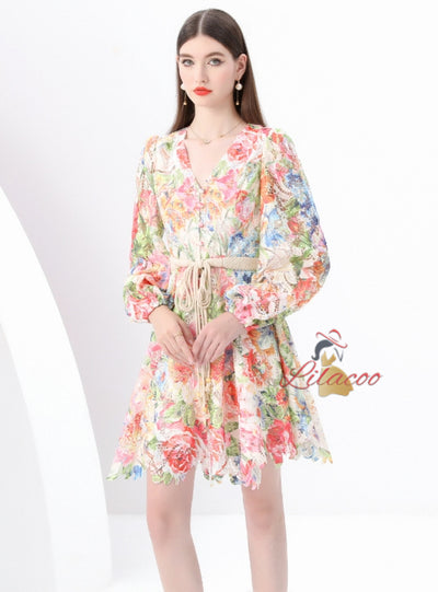 Retro V-neck Button-down Printed Short Dress