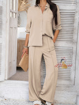 Casual Solid Color Button Top Wide-leg Trousers Suit