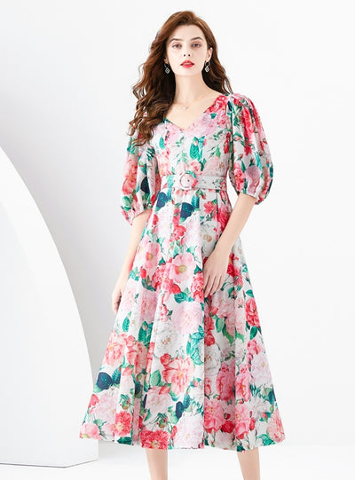 Palace Bubble Sleeve Print Long Dress