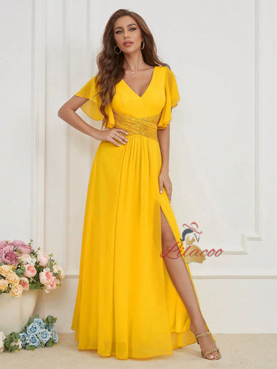 Yellow Chiffon V-neck Sequins Prom Dress