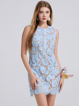 Blue Flower Lace Sleeveless Short Dress