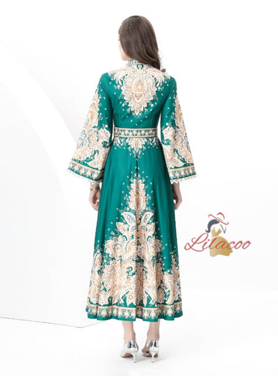 Retro Printed Long-sleeved Dress