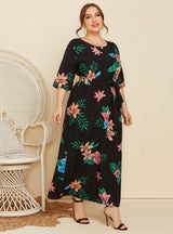 Round Neck Printed Loose Short Sleeve Dress