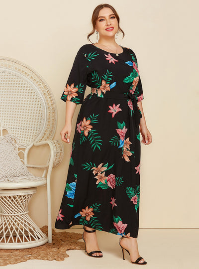 Round Neck Printed Loose Short Sleeve Dress