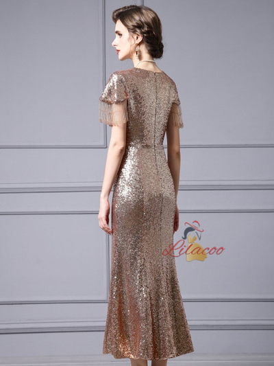 Sequins Cap Sleeve Beading Mother Of The Bride Dress