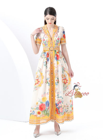Short Sleeve Printed Short Sleeve Long Dress