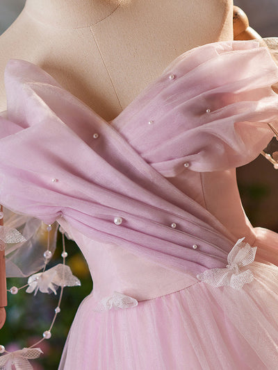 Pink Tulle Pleats Butterfly Prom Dress
