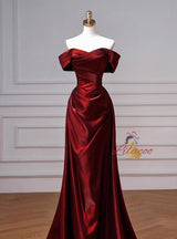 Burgundy Off the Shoulder Pleats Prom Dress