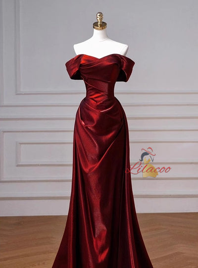 Burgundy Off the Shoulder Pleats Prom Dress