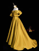 Yellow Satin Puff Sleeve Flower Prom Dress