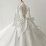 White Ball Gown Satin Pleats Pearls Wedding Dress