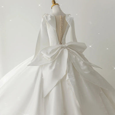 White Ball Gown Satin Pleats Pearls Wedding Dress