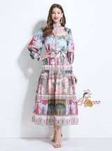 Palace Lantern Sleeve Button Slim Chiffon Printed Dress
