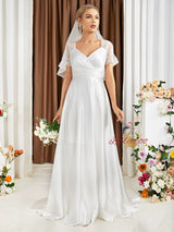 White Short Sleeve Lace Bridas Dress