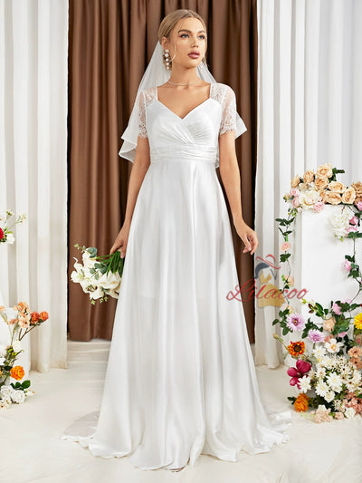 White Short Sleeve Lace Bridas Dress