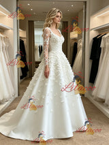 White Long Sleeve Flower Wedding Dress