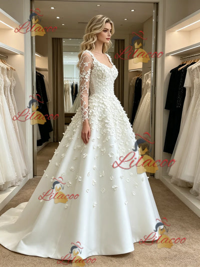 White Long Sleeve Flower Wedding Dress