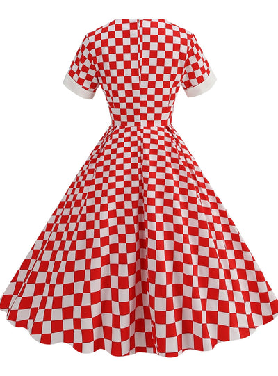 Checkerboard Swing Long Red Dress